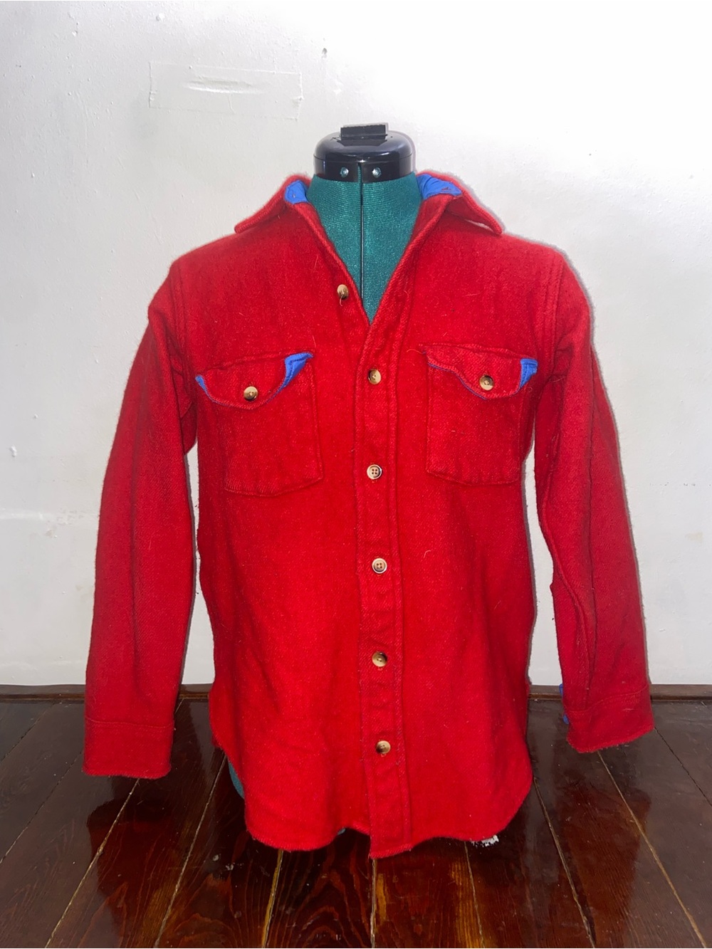 Woolrich Classic Preppy Twee Heritage Red Wool Button Up Shirt with Blue Trim